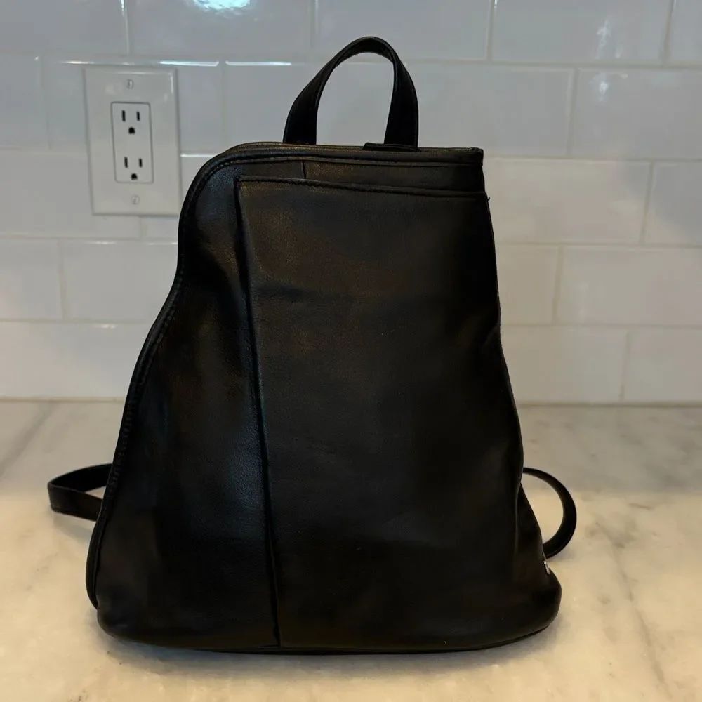 Tignanello Black Leather Sling Backpack Convertible Travel Bag
